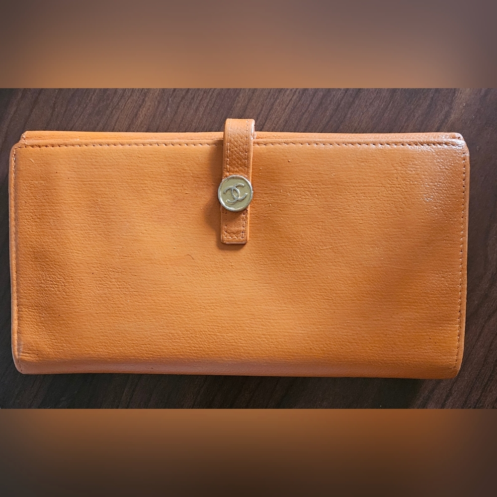 CHANEL COCO Mark Orange Leather Bifold Long Wallet with the STICKER and box